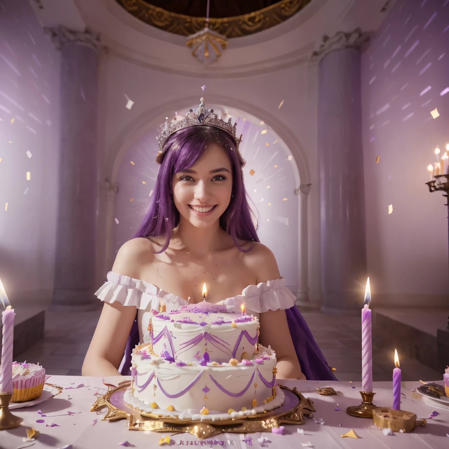 Beautiful 8K Ultra HD professional photo, Sharp focus, In an amazing fantasy world, Beautiful princess wearing a crown, wearing a purple dress,Birthday cake full of (text candles ((32)), Joyful smile, In a luxurious palace, Big cake, There are candles and confetti on top, Large birthday cake, with purple and white background