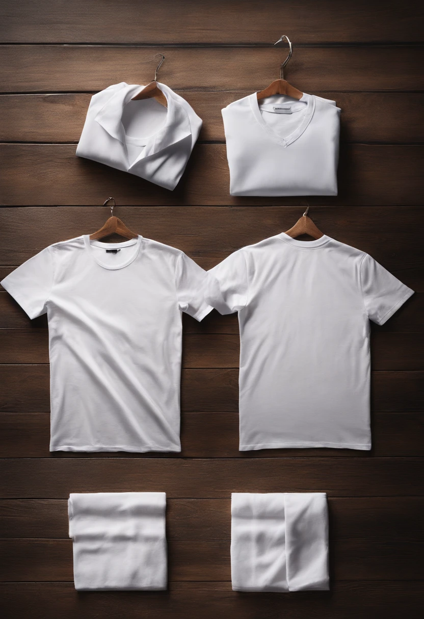 a creative shot of a white t-shirt folded and arranged on a wooden background in a visually appealing pattern, adding an artistic and unique touch to the mockup presentation