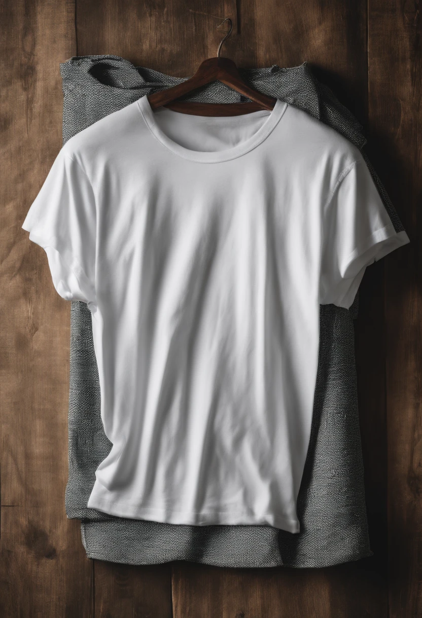 a creative shot of a white t-shirt folded and arranged on a wooden background in a visually appealing pattern, adding an artistic and unique touch to the mockup presentation