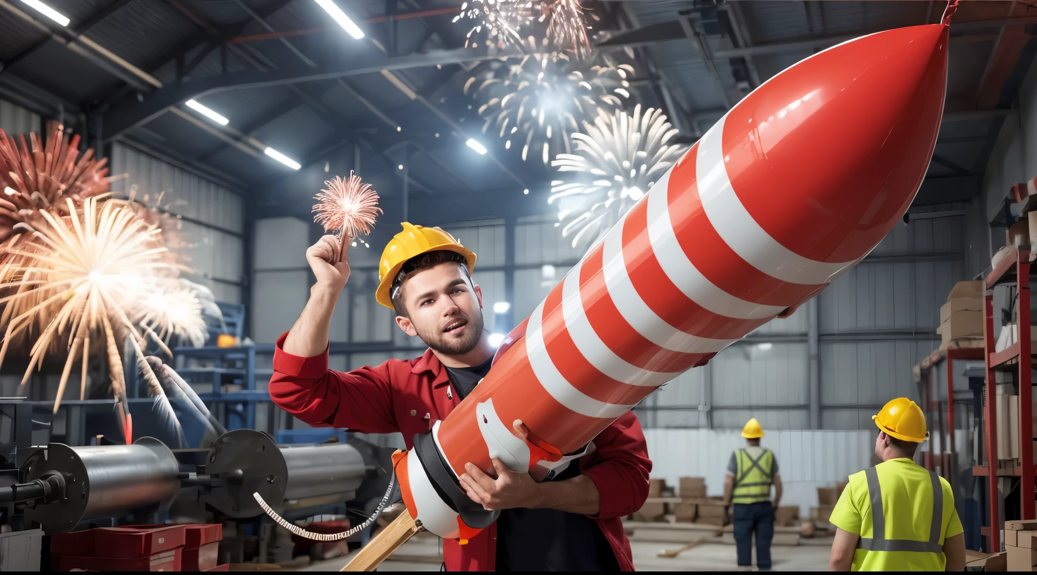 male factory worker wearing a white helmet holding a giant red and white striped rocket firework in a factory, worksafe. illustration, manufacturing, advertising photo, safe for work, worksafe. cinematic, in a factory, worksafe. cgsociety, worksafe.cgsociety, worksafe. instagram photo, factory background, industries, illustration, workers, exploitable image, worksafe. dramatic, realistic image, 16k resolution, background worker's working at the big wide factory, red and white striped rocket firework gigantic , many facrotory workers at the back, male factory worker holding lifting the giant red and white striped rocket firework, front view, fix the hands from left to right