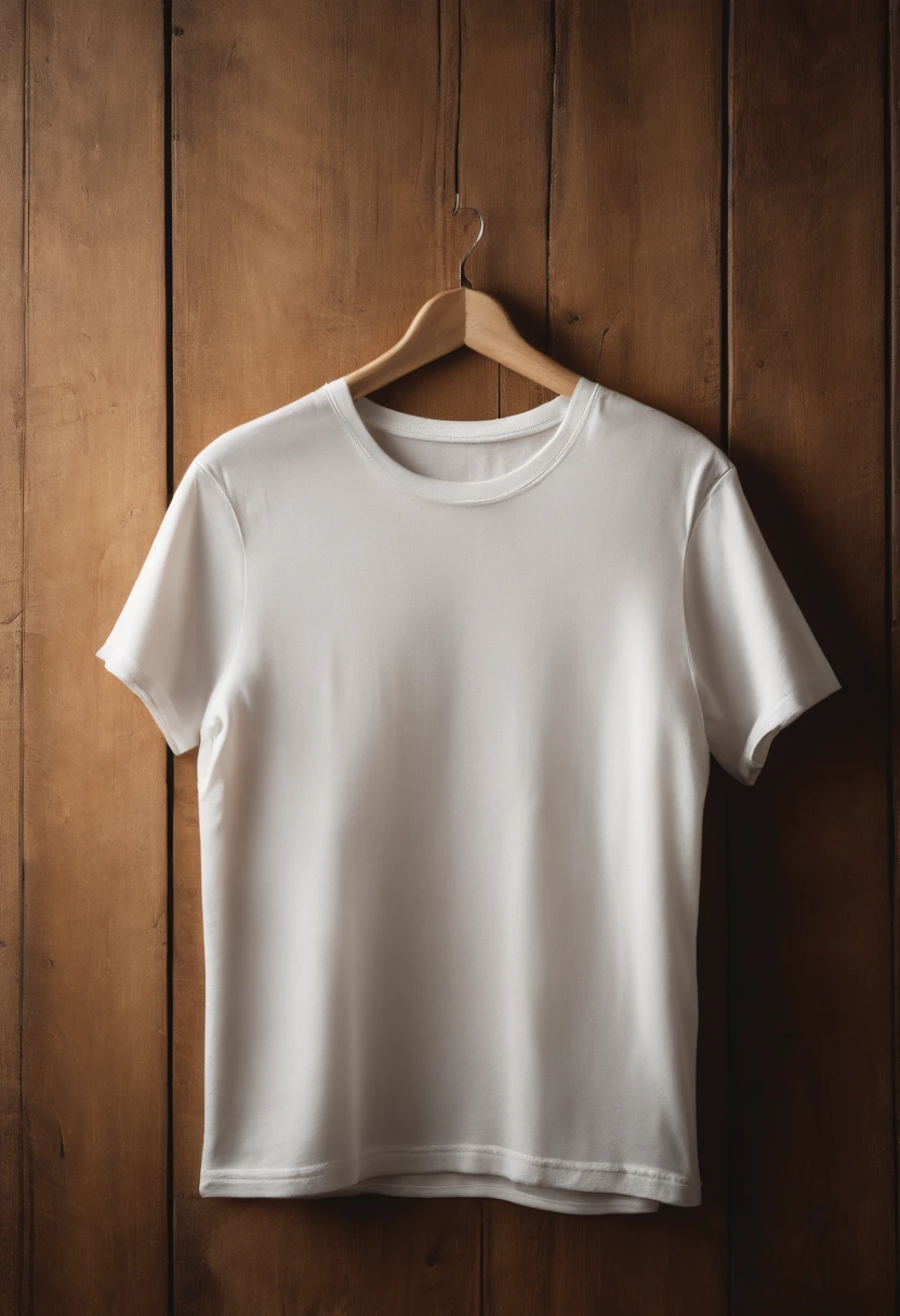 a top-down shot of a white t-shirt placed on a wooden hanger against a wooden background, providing a simple and elegant presentation of the design, as if it were ready to be worn
