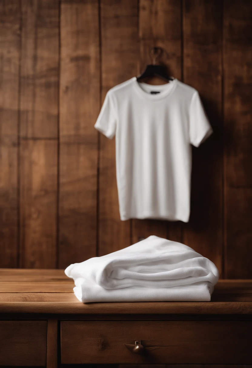 a top-down shot of a white t-shirt placed on a wooden hanger against a wooden background, providing a simple and elegant presentation of the design, as if it were ready to be worn