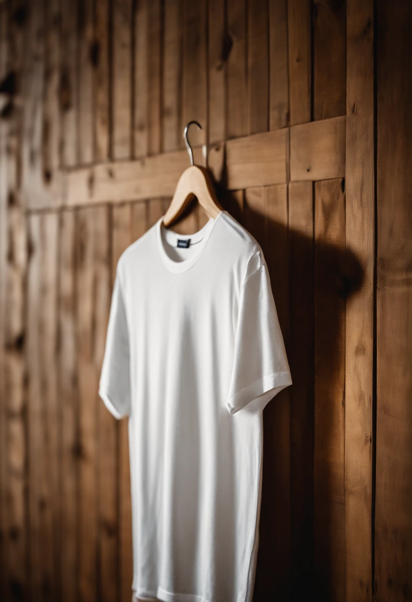 a top-down shot of a white t-shirt placed on a wooden hanger against a wooden background, providing a simple and elegant presentation of the design, as if it were ready to be worn