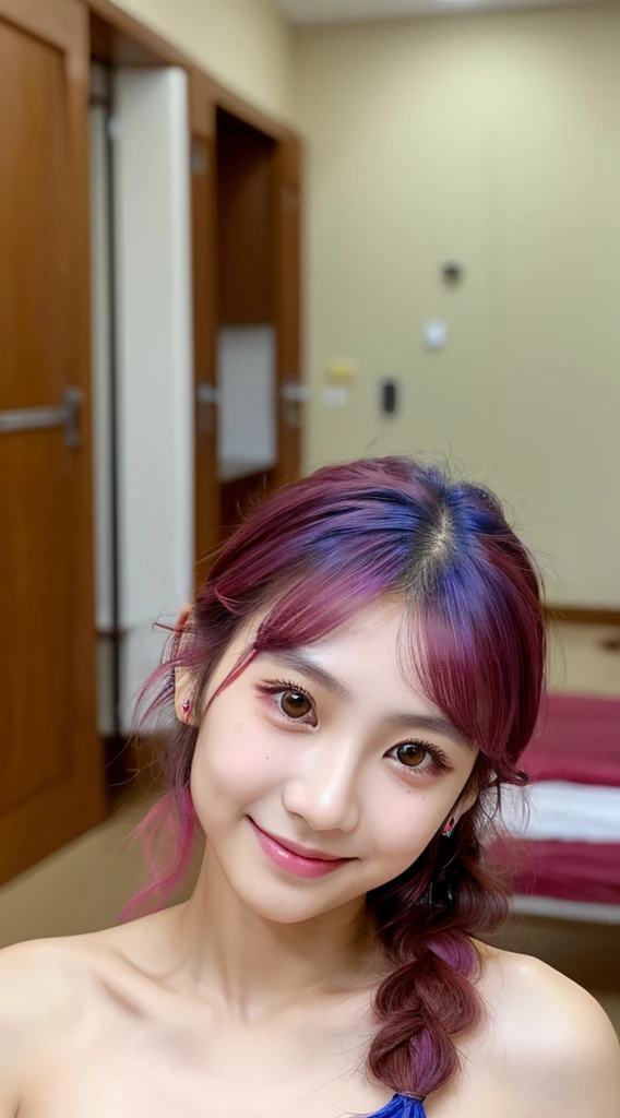 ((bestquality)), ((masterpiece)), (Detailed), perfect face,,Half-Thai girl with a young face,Small eyes((blue eyeliner)),small nose,Little mouth, beautiful smile,braided hair,pink red hair,naked, small breasts,Lying completely lost in the room