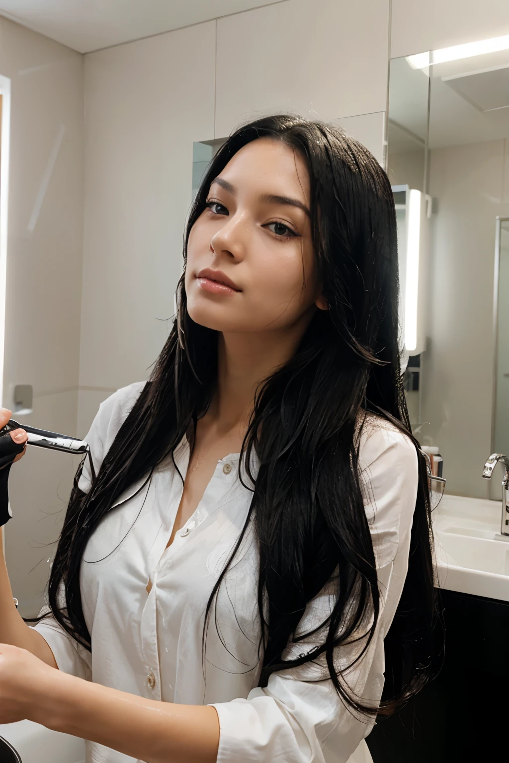 a woman with long black hair washing her hair in a beauty salon