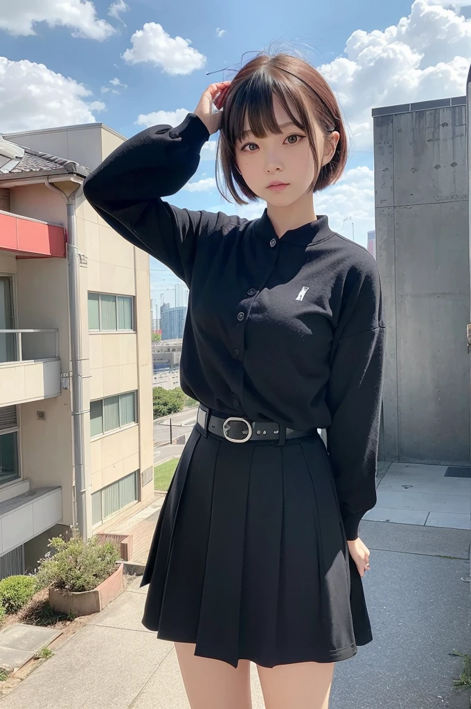 (tmasterpiece,newest,abnormal:1.2), Japanese cartoon,1 girl,By bangs,Black_the hair, Beautiful 8k eyes,blue_daysies空,bru,buliding,borgar,城市,cityscape,​​clouds,daysies,a skirt,lookingat_Show on the_peeping at the viewer,Outdoor activities,Red_tiese,Red_ribbons,ribbons,flod,short_the hair,short_the sleeve,daysies空,daysies空scraper,Alone,Permanent,town,wShow on theer