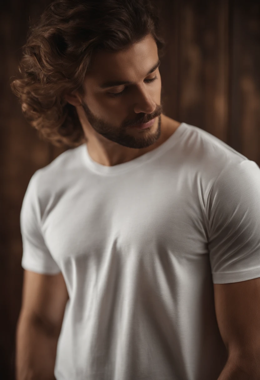 a high-resolution shot of a white t-shirt on a wooden background, with the design seamlessly integrated into the fabric, creating a realistic and immersive mockup that allows viewers to envision how the design would look on a physical garment