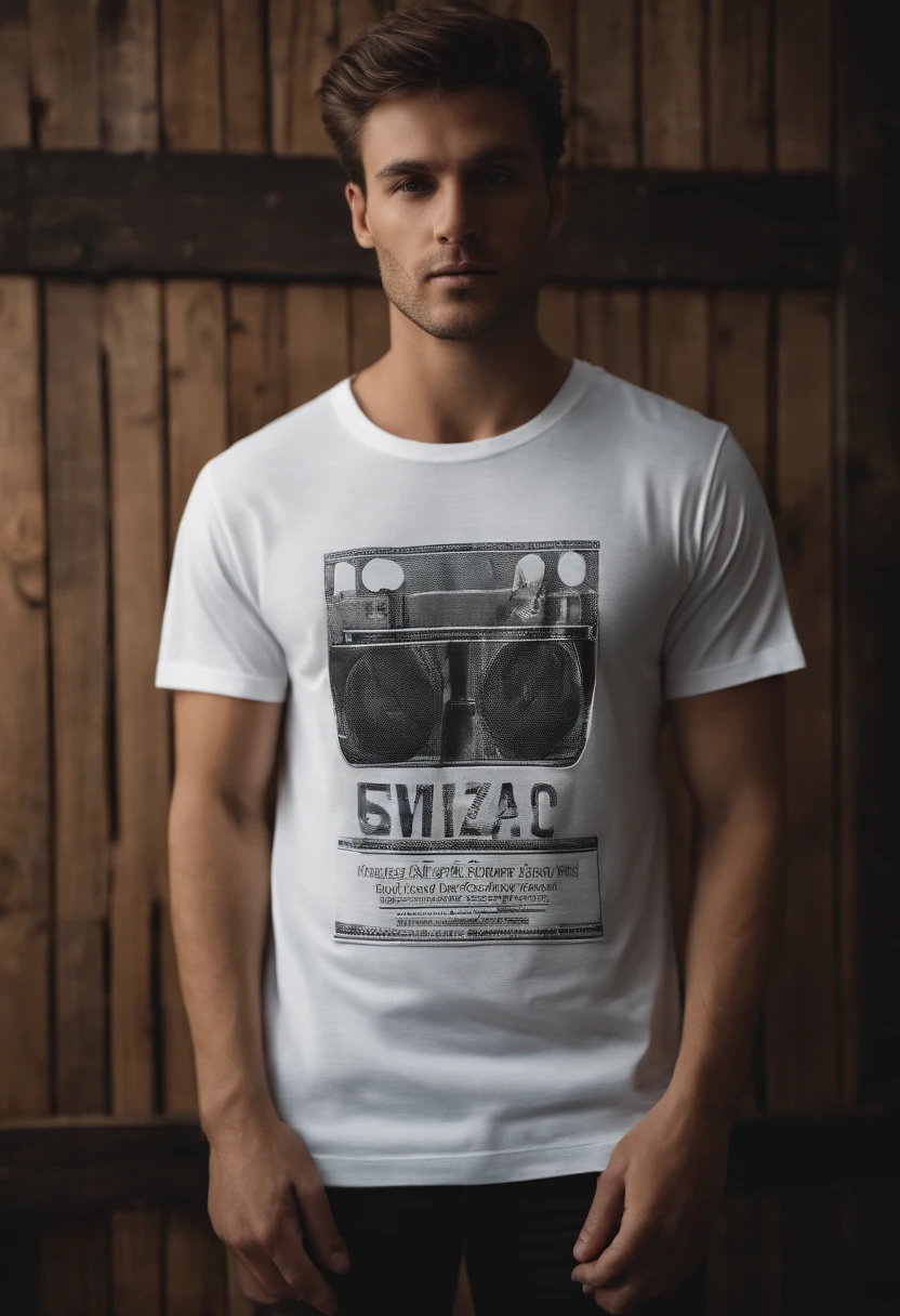a high-resolution shot of a white t-shirt on a wooden background, with the design seamlessly integrated into the fabric, creating a realistic and immersive mockup that allows viewers to envision how the design would look on a physical garment