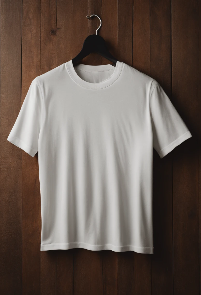 a high-resolution shot of a white t-shirt on a wooden background, with the design seamlessly integrated into the fabric, creating a realistic and immersive mockup that allows viewers to envision how the design would look on a physical garment