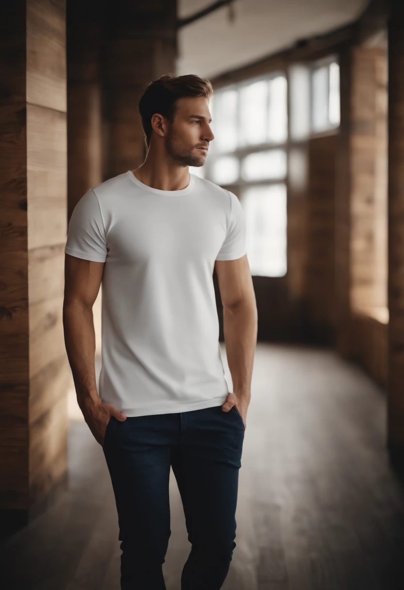 a high-resolution shot of a white t-shirt on a wooden background, with the design seamlessly integrated into the fabric, creating a realistic and immersive mockup that allows viewers to envision how the design would look on a physical garment