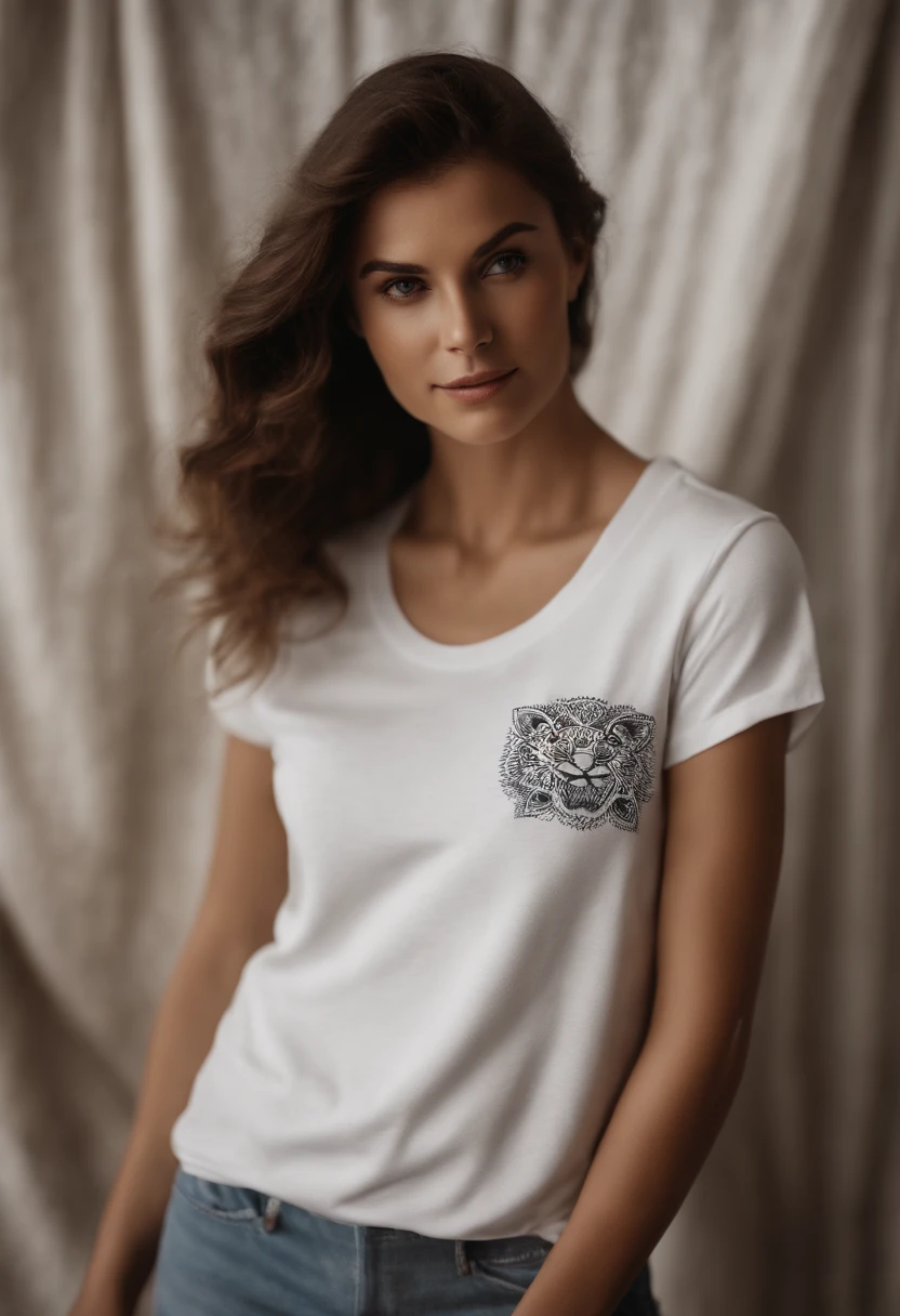 a high-resolution shot of a white t-shirt on a wooden background, with the design seamlessly integrated into the fabric, creating a realistic and immersive mockup that allows viewers to envision how the design would look on a physical garment