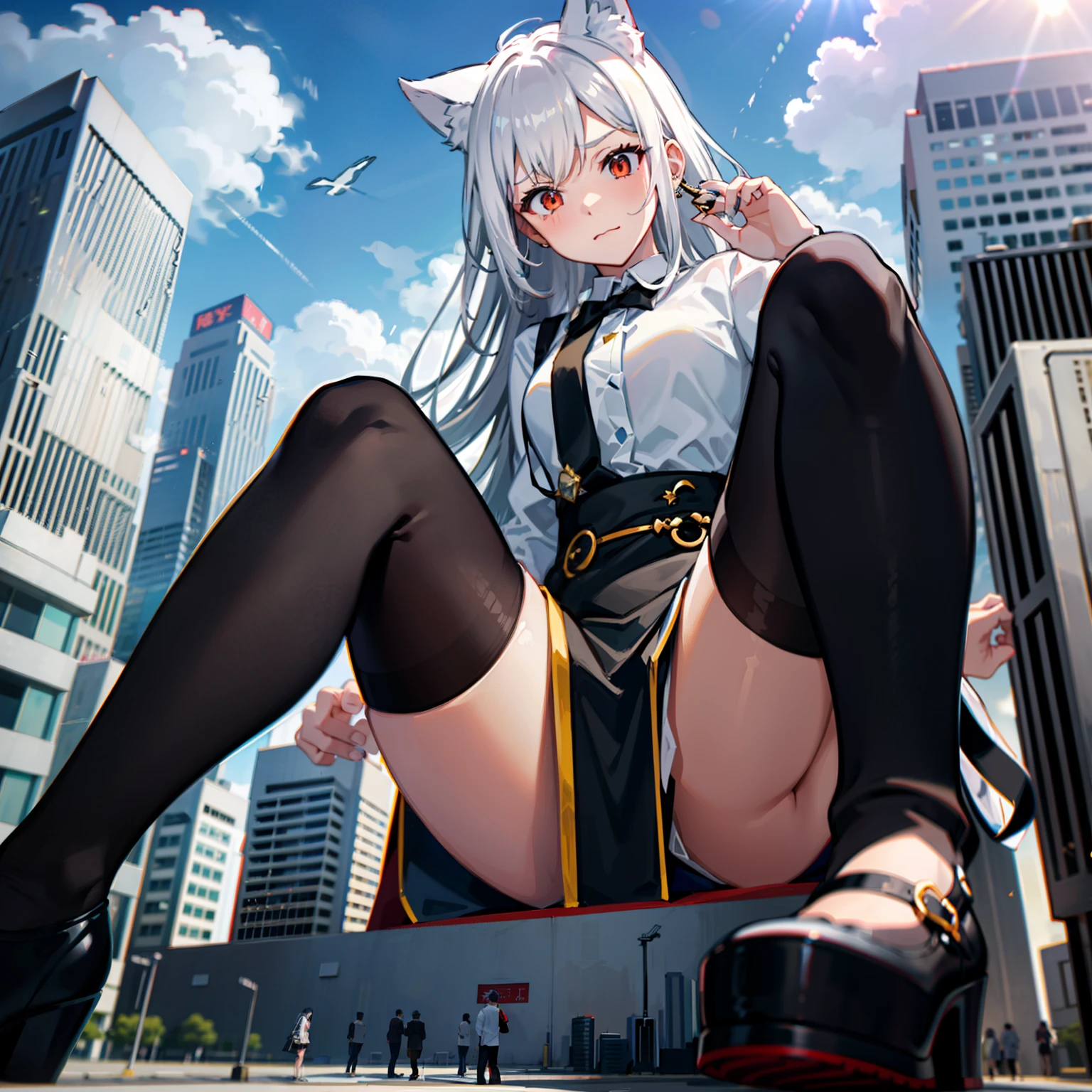 Tokyo, Japan, Giantess, wolf ear, white hair, red eyes, Light frown, Looking down, sky, Sheer white shirt, Black skirt, black lence stockinglock sunlight, high-heels, Raise your feet, disrupt, buildings collapsed