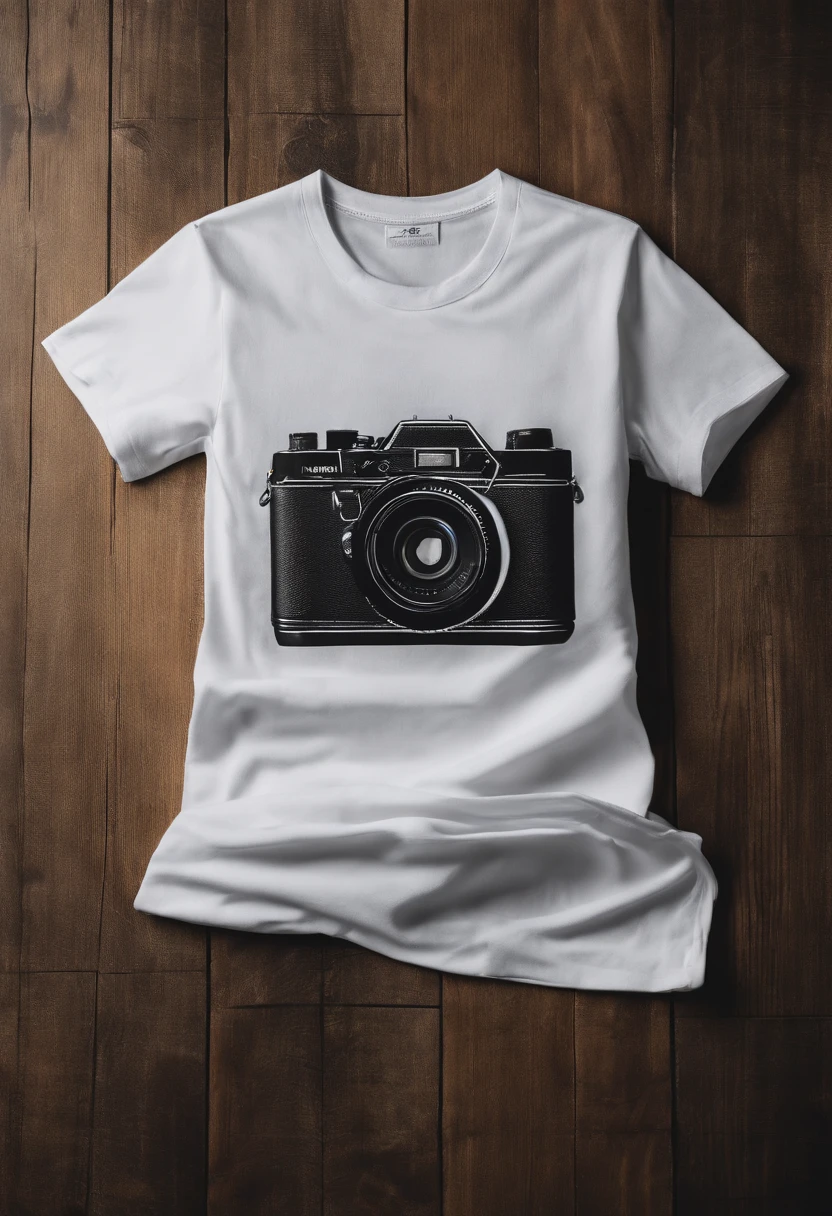 a creative shot of a white t-shirt folded and arranged on a wooden background in a visually appealing pattern, adding an artistic and unique touch to the mockup presentation