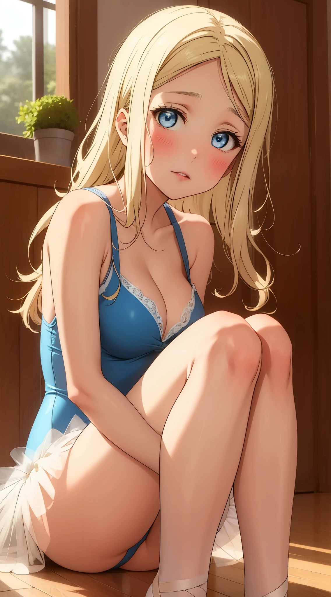 masterpiece, best quality, highly detailed, ultra high res, ayase arisa, 1girl, solo, blue eyes, hair ornament, blonde hair, long hair, blush, glossy lips, ballerina, sleeveless leotard, (tutu), cleavage, medium breasts, wood floor, sitting, (knees bent:1.3)
