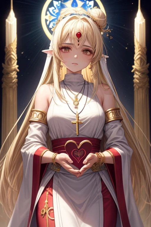 allure:
Aeliana is a healer of medium height, com cerca de 1,65 metro de altura. Your skin is pale, destacando seus olhos azuis profundos que irradiam uma serenidade reconfortante. Her long, golden hair is often tied into a high bun., permitindo que ela se mova com facilidade durante suas atividades curativas. She wears a white tunic adorned with gold details., symbolizing your dedication to the divine light.

Adornos Sagrados:
Aeliana carries with her a variety of sacred amulets and healing symbols. A fine wooden staff with intricate carvings is always at your side, servindo como um foco para seus poderes divinos. Bracelets and necklaces with sacred inscriptions decorate their wrists and neck, each representing a blessing received from your prayers.

Poderes de Cura:
Como curandeira da igreja, Aeliana is gifted with impressive healing abilities. Their sacred chants and gentle touches have the power to soothe physical injuries and heal illnesses. Ademais, she is able to purify minds troubled by dark magic.

Origens Devotas:
Aeliana was born into a family devoted to the deity of light. Desde jovem, mostrou um talento especial para a cura, being sent to the sacred academy to hone her gifts. Ela rapidamente se destacou como uma curandeira excepcional, earning the trust and respect of your colleagues and superiors.

Empathy and compassion:
Aeliana&#39;s heart is full of empathy and compassion. She dedicates her time not just to physical healing, but also emotional and spiritual healing. Seus pacientes muitas vezes encontram conforto em suas palavras gentis e ouvidos atentos.

Determination in Faith:
Aeliana&#39;s faith is unshakable, mesmo diante dos desafios mais sombrios. She faces adversity with courage and confidence that divine light will guide her. His devotion is evident in his gestures, words and even in the way she faces challenging situations.

spiritual leader:
Aeliana is a spiritual leader in her community. Past