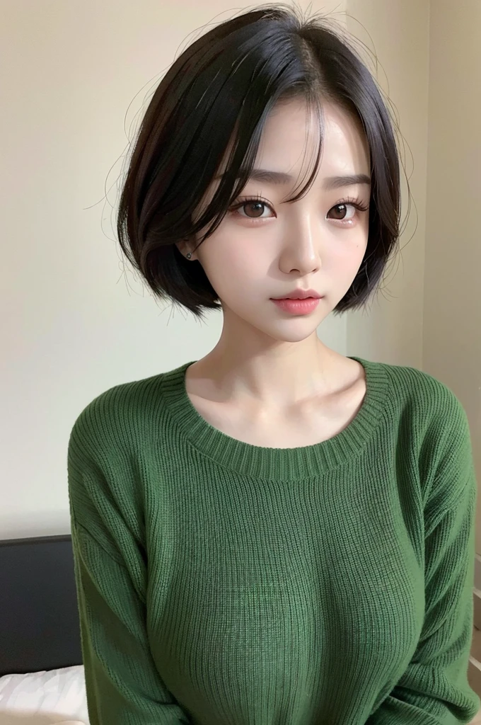 arafed asian woman short detailed hair and a green sweater, Young and cute Korean face, Portrait of a Korean female idol, beautiful young korean woman, cute korean actress, short detailed hair, female actress from korea, gorgeous young korean woman, Young cute asian face, beautiful south korean woman, Korean symmetrical face, Cute and delicate face of girl, Korean girls, korean woman