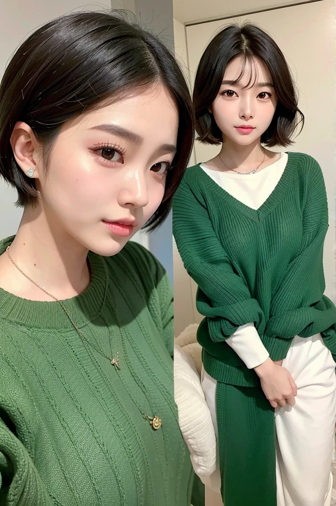arafed asian woman short detailed hair and a green sweater, Young and cute Korean face, Portrait of a Korean female idol, beautiful young korean woman, cute korean actress, short detailed hair, female actress from korea, gorgeous young korean woman, Young cute asian face, beautiful south korean woman, Korean symmetrical face, Cute and delicate face of girl, Korean girls, korean woman