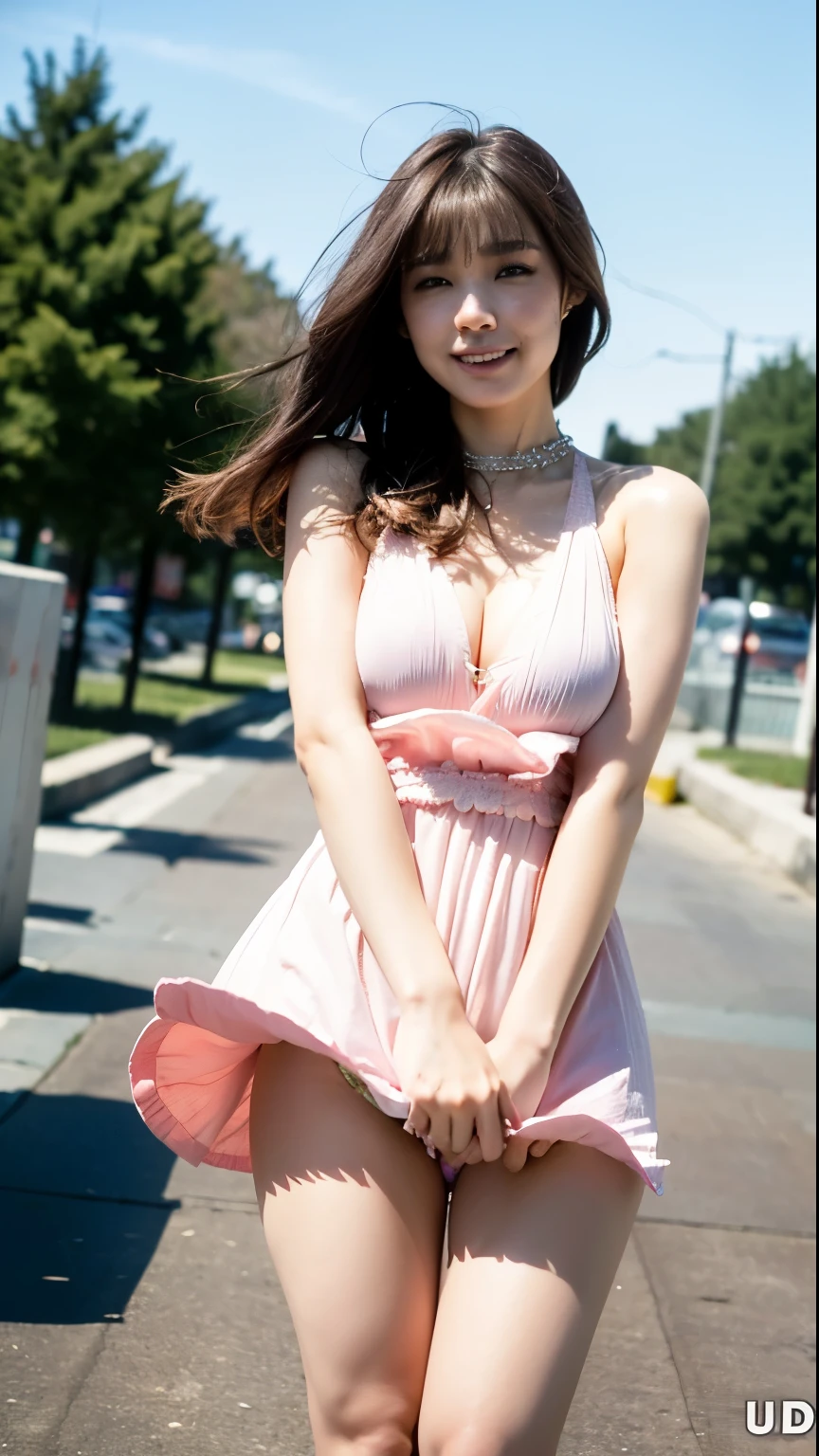 (Best quality, 8k, 32k, Masterpiece, UHD:1.2),Photo of Pretty Japanese woman,(sad smile,blush:1.1),looking at viewer,(beautiful detailed dress skirt:1.2),detailed legs,(spread legs:0.9),(lace panties:0.9),(wind lift:1.6), full body,windy,city,outdoors