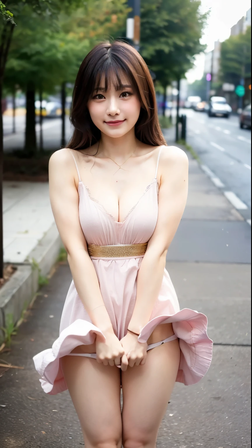(Best quality, 8k, 32k, Masterpiece, UHD:1.2),Photo of Pretty Japanese woman,(sad smile,blush:1.1),looking at viewer,(beautiful detailed dress skirt:1.2),detailed legs,(spread legs:0.9),(lace panties:0.9),(wind lift:1.6), full body,windy,city,outdoors