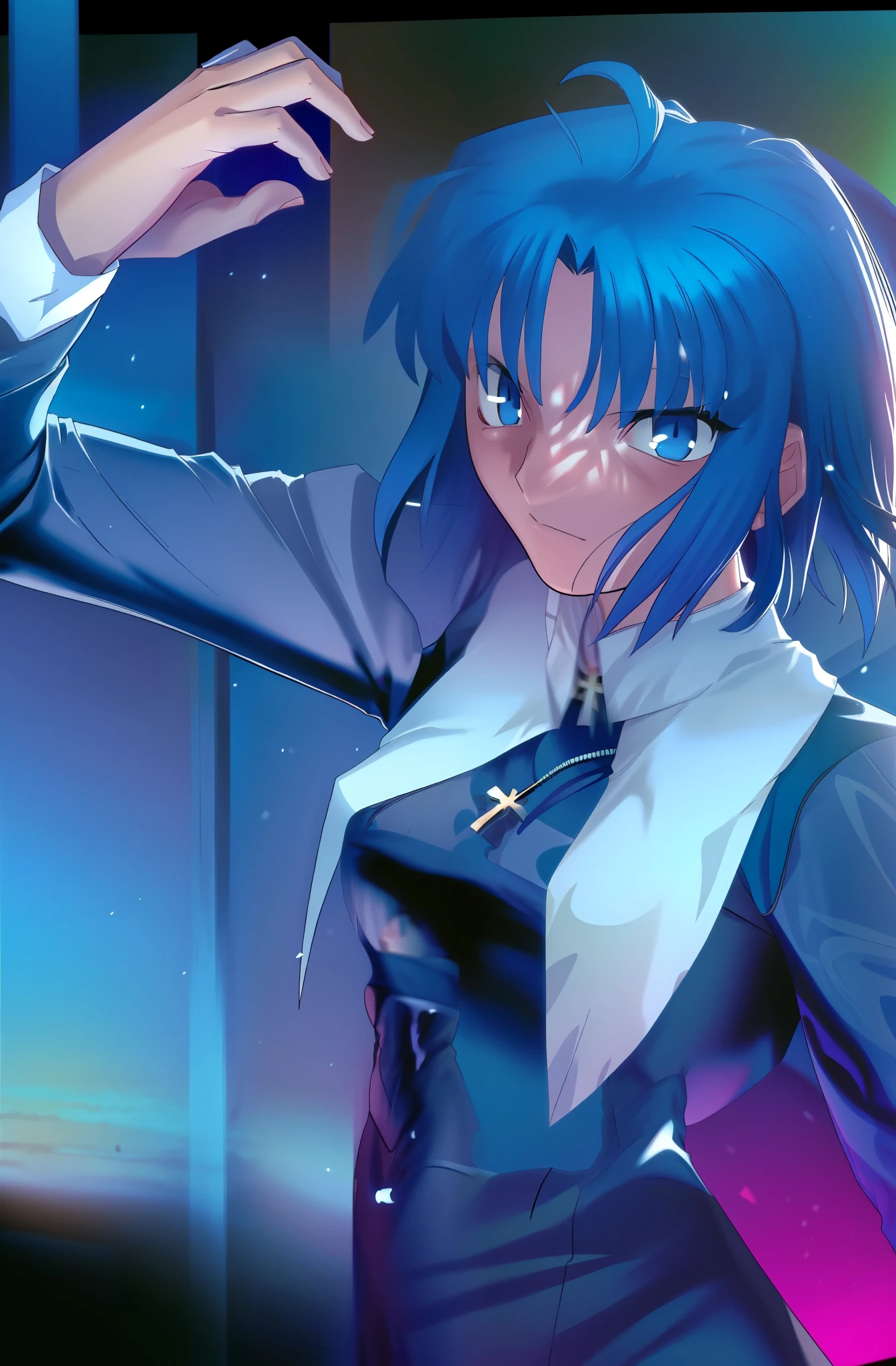 (best quality, 4k, 8k, highres,m asterpiece:1.2), (ultra-detailed:1.6), (realistic,photorealistic,photo-realistic:1.37), slender figure, (soft, delicate features:1.1), (vivid colors), (artistic composition:1.1), ciel_(tsukihime), cowboy shot, 1girl, solo, long sleeves black dress, habit open, sad, looking at viewer, antenna hair, (ahoge:1), closed mouth, fingernails, breasts, medium breasts, cross, latin cross, cross, holding, necklace, nun, symmetrical