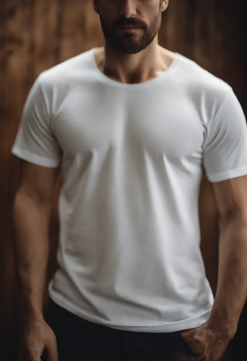 a minimalistic shot of a white t-shirt on a wooden background, with a simple and understated design placed strategically on the chest area, emphasizing the design’s impact and ensuring it stands out against the clean backdrop