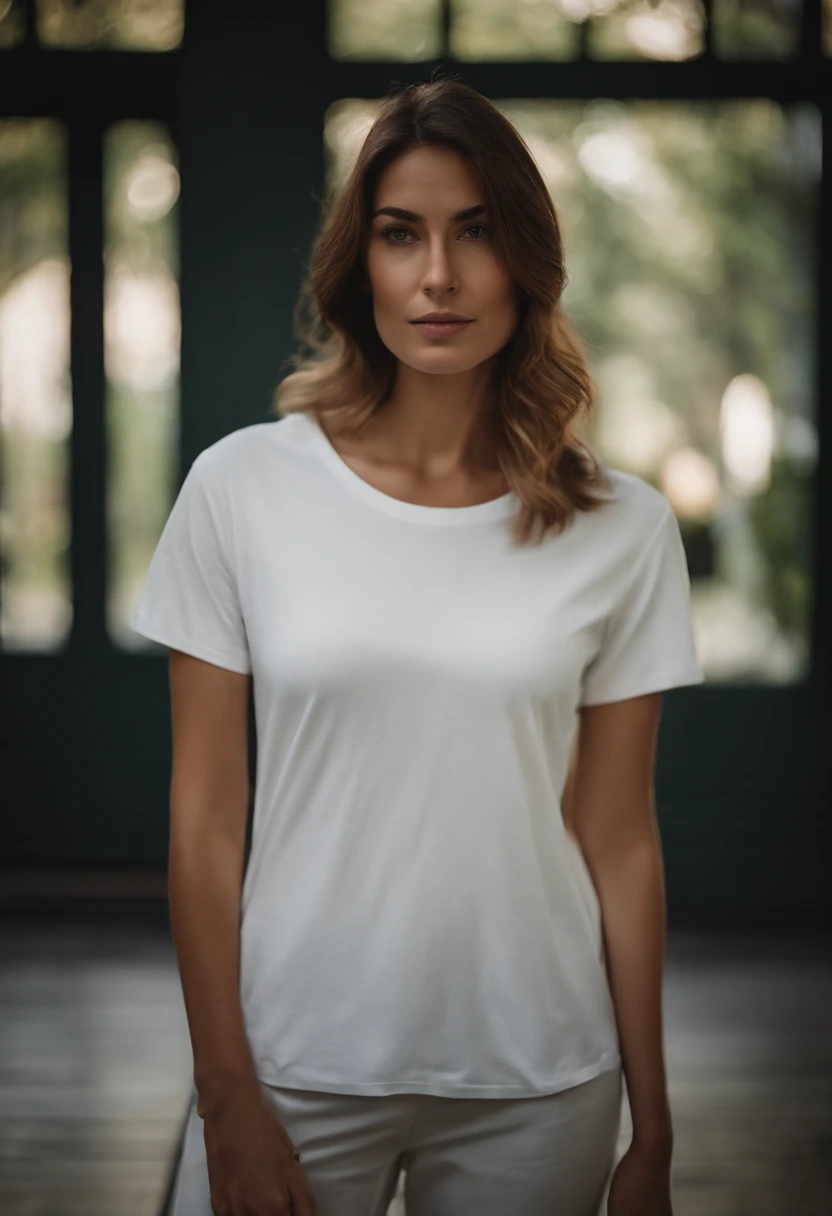 a minimalistic shot of a white t-shirt on a wooden background, with a simple and understated design placed strategically on the chest area, emphasizing the design’s impact and ensuring it stands out against the clean backdrop