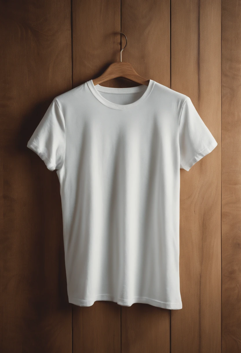 a minimalistic shot of a white t-shirt on a wooden background, with a simple and understated design placed strategically on the chest area, emphasizing the design’s impact and ensuring it stands out against the clean backdrop
