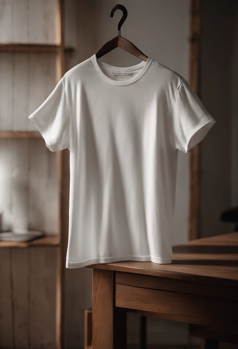 a minimalistic shot of a white t-shirt on a wooden background, with a simple and understated design placed strategically on the chest area, emphasizing the design’s impact and ensuring it stands out against the clean backdrop