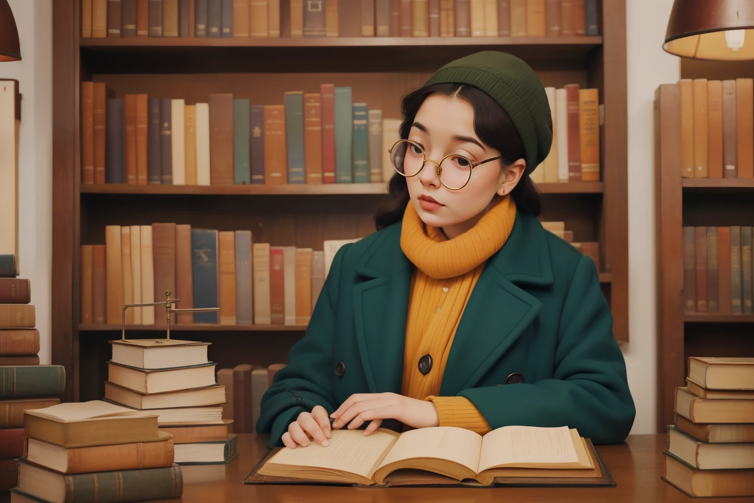 December 2023. Antique Bookstore Exploration in Edinburgh, Scotland.
Description: A book enthusiast, adorned in a vintage wool coat and round glasses, browses through antique books in a quaint Edinburgh bookstore. The shelves filled with weathered books and the character's scholarly attire capture a Wes Anderson-inspired literary moment.