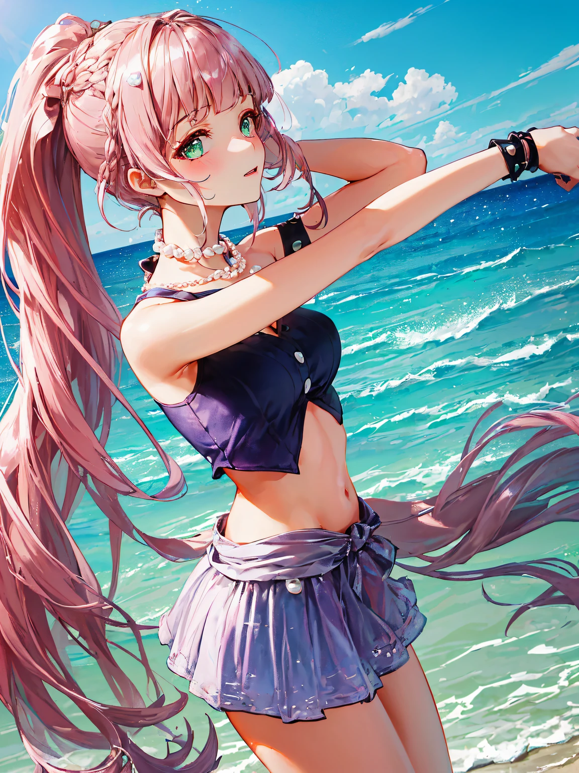 (((Pearl pink hair,Emerald pupil beautiful beach,))((Short purple shirt,Blue miniskirt,raise both arms,))))))(the face红), (Geometric:1.1), ((1 girl,Amazing Cleavage,Seductive girl，Alone，aiming at viewer,))(tmasterpiece,Best quality at best, offcial art, Beautiful big breasts and big breasts aesthetic:1.2),(16k),((A sagging breast,mediuml breasts)),(physically-based renderingt),Focus sharp, (((highdetailskin,))),Costume details are intricate，Delicate pupils,((((shinny hair|detailed头发|Half bangs|Undercut|Knot topping|low ponytail|long whitr hair,)))),Elongated,(tmasterpiece侧光),(The sheen),(beautiful hairl,Beautiful eyelur background,bokeh:50 millimeterceedingly_detailed_The eye_big breasts and big breasts_the face)),Movie Girl,(dynamicposes: 1.2),outstanding