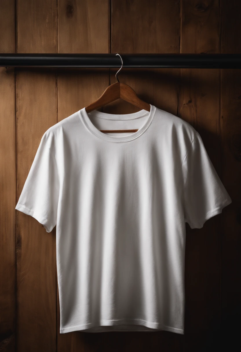 a top-down shot of a white t-shirt placed on a wooden hanger against a wooden background, providing a simple and elegant presentation of the design, as if it were ready to be worn