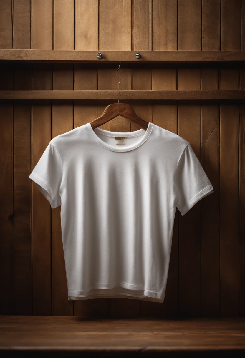 a top-down shot of a white t-shirt placed on a wooden hanger against a wooden background, providing a simple and elegant presentation of the design, as if it were ready to be worn