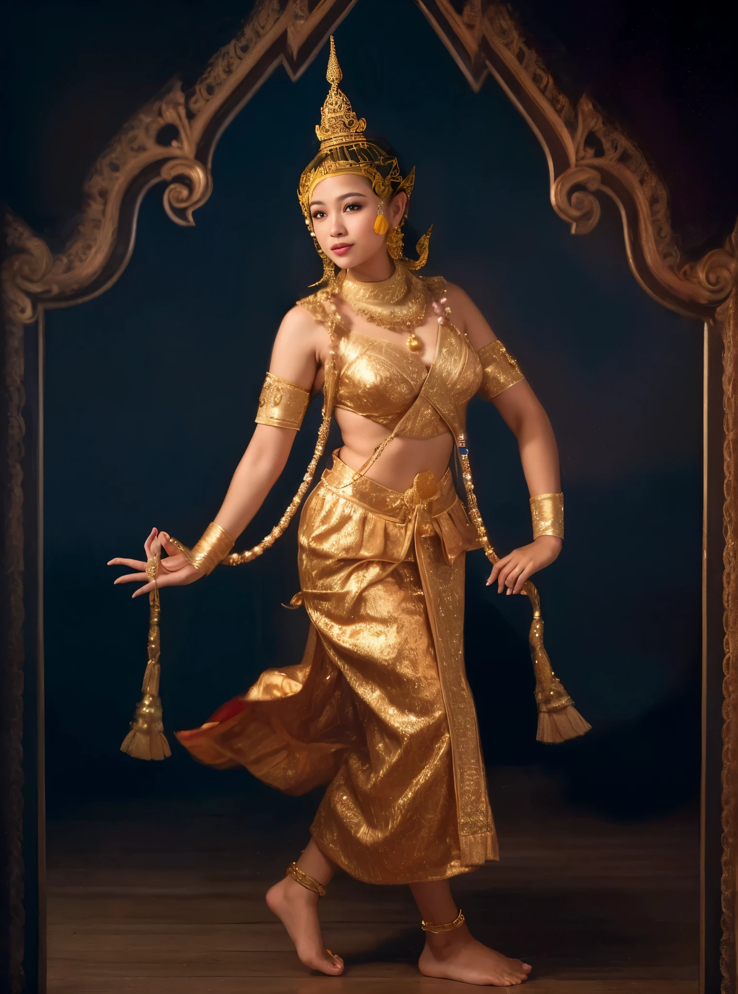 A beautiful Thai woman in a gold dress holds a white dahlia necklace., Wearing Sukhothai period clothing, original Thai clothing Wear a chatha or Thai crown with a delicate and beautiful gold-plated crown. Cloth with a club or diamond pattern Red floor with gold pattern This girl had a red fish tail with a gold pattern., traditional beauty, Thai art, wearing an ornate outfit, gilded lotus princess, Beautiful costumes, Gold clothing, a stunning portrait of a goddess, intricate costume design, Graceful belly dance moves, Wear luxurious clothes., beautiful oriental woman