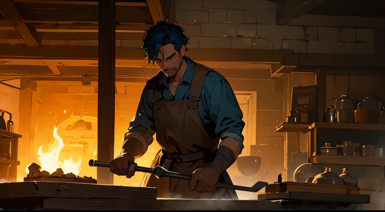 A man working as a blacksmith in a detailed background with a blacksmith working station. The background should have dim lights, vivid colors, and be ultra-detailed. The man should be the main focus with a realistic depiction.
