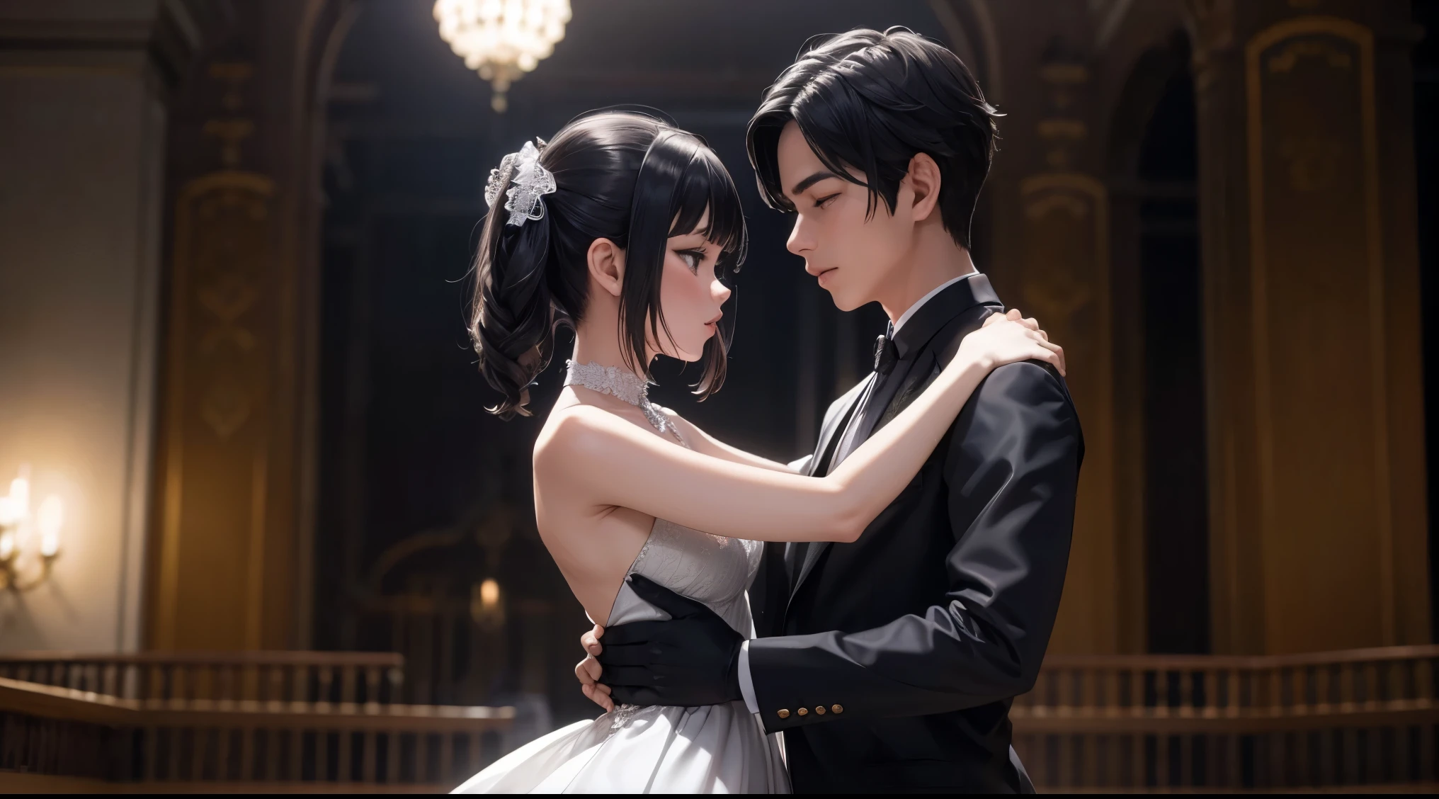 An enchanting ballroom under the moonlight, couples gracefully waltzing, the protagonist in a dazzling outfit, leading the dance with a mysterious partner, capturing the intricate details of the clothing, expression, and elegance, closer view
