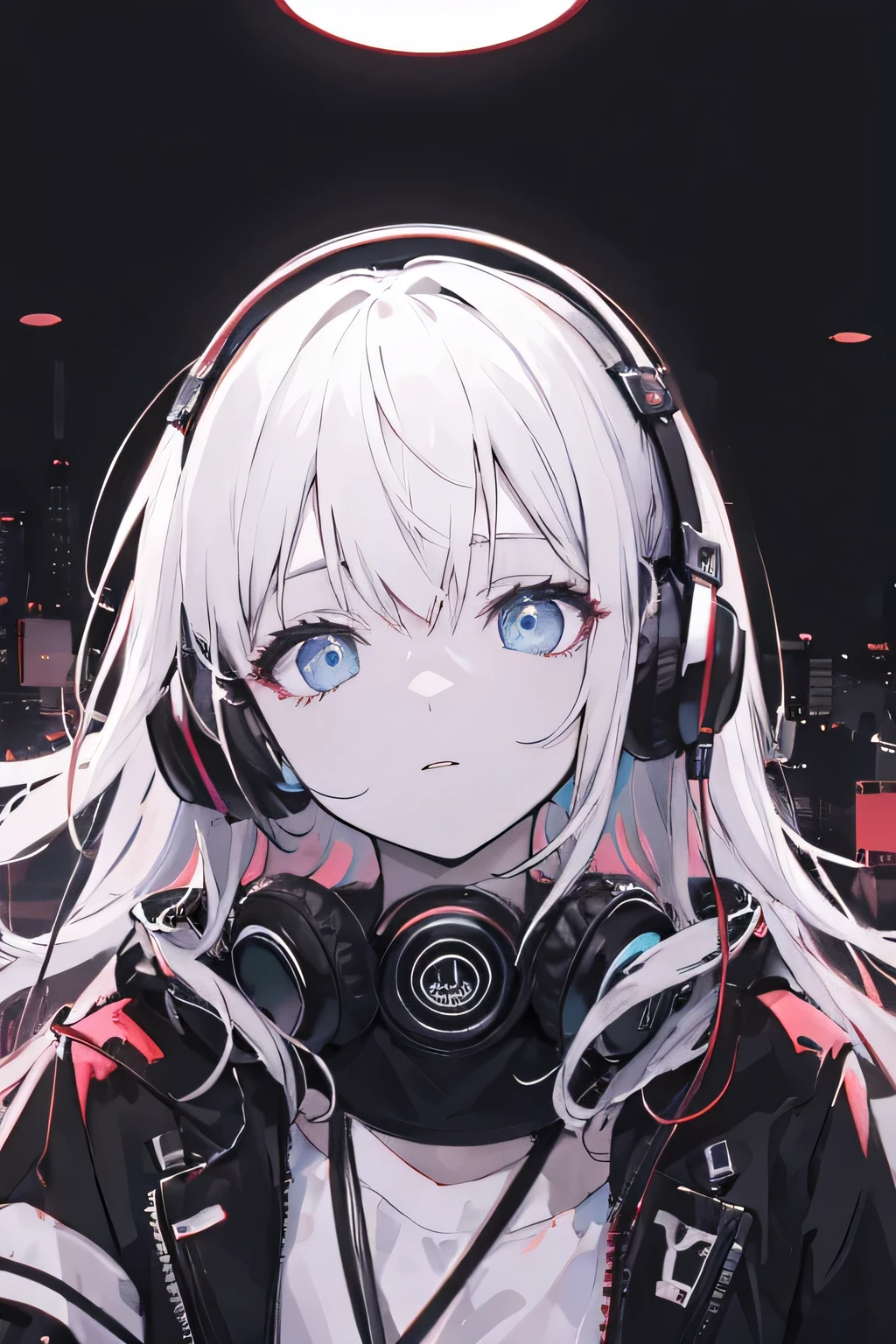 ((best quality)), ((masterpiece)), (aesthetic), perfect face headphones lofi girl vivid colors night city room background high contrast