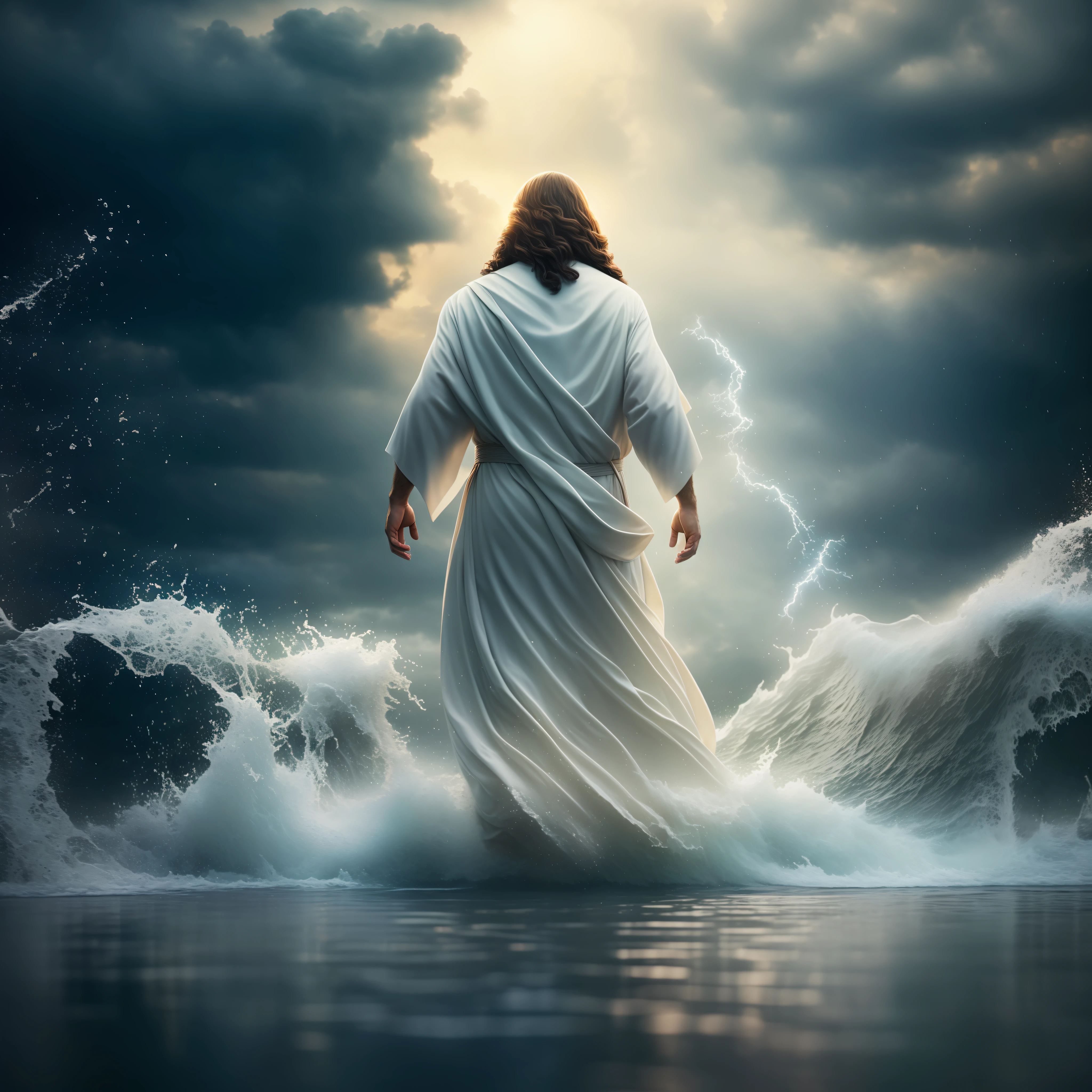jesus walking on water in a storm, masterpiece, best quality, high quality, extremely detailed CG unit 8k wallpaper, award winning photography, Bokeh, Depth of Field, HDR, bloom, Chromatic aberration, photorealistic, extremely detailed, trending on artstation, trending on CGsociety, intricate, high detail, dramatic, mid-journey art, volumetric lighting