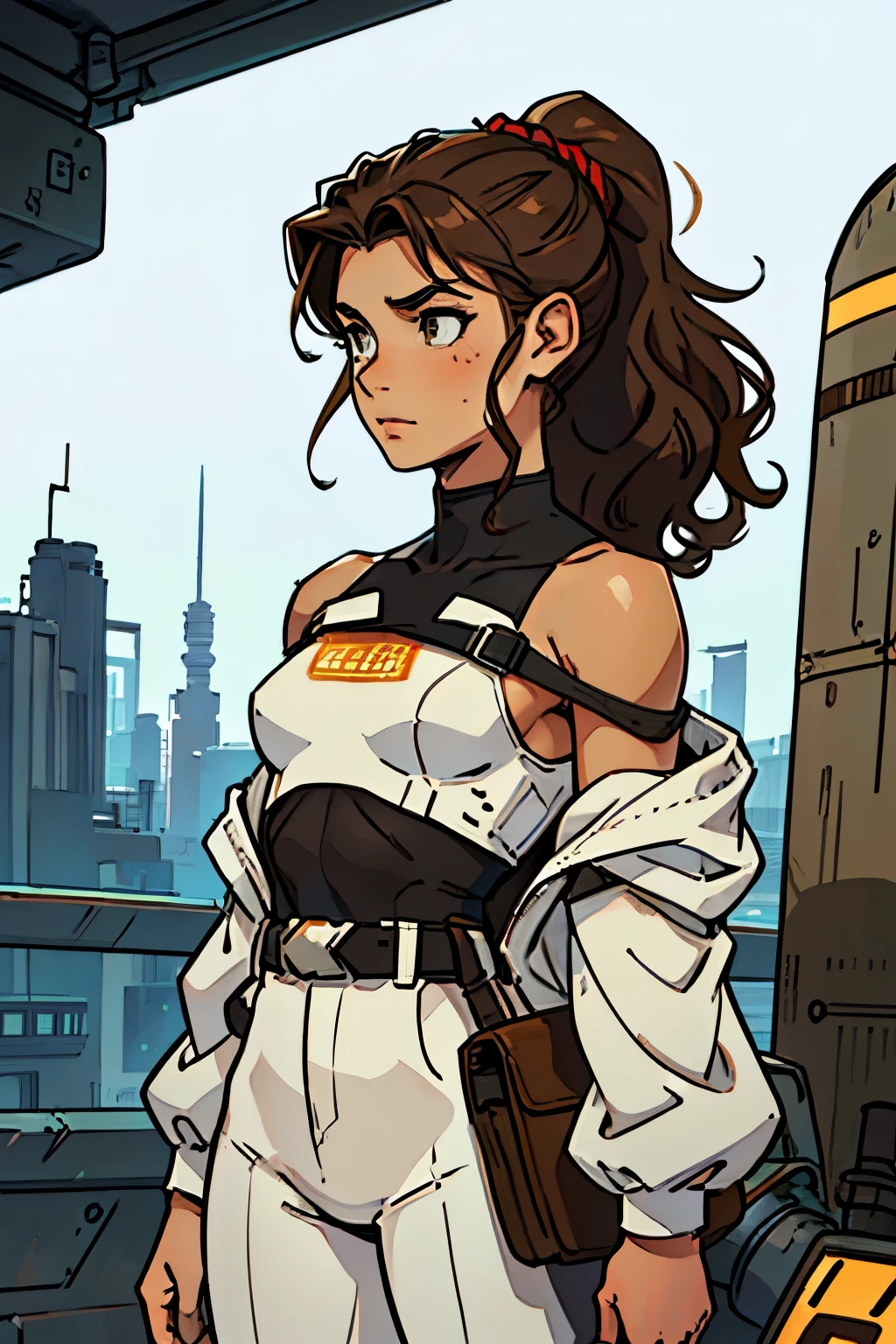 (Caucasian teenager), 18 years old, hazel eyes, (wavy brown hair), (hair tied back), medium hair, small breasts. She wears a white, off-the-shoulder sci-fi suit, bare shoulders, solo