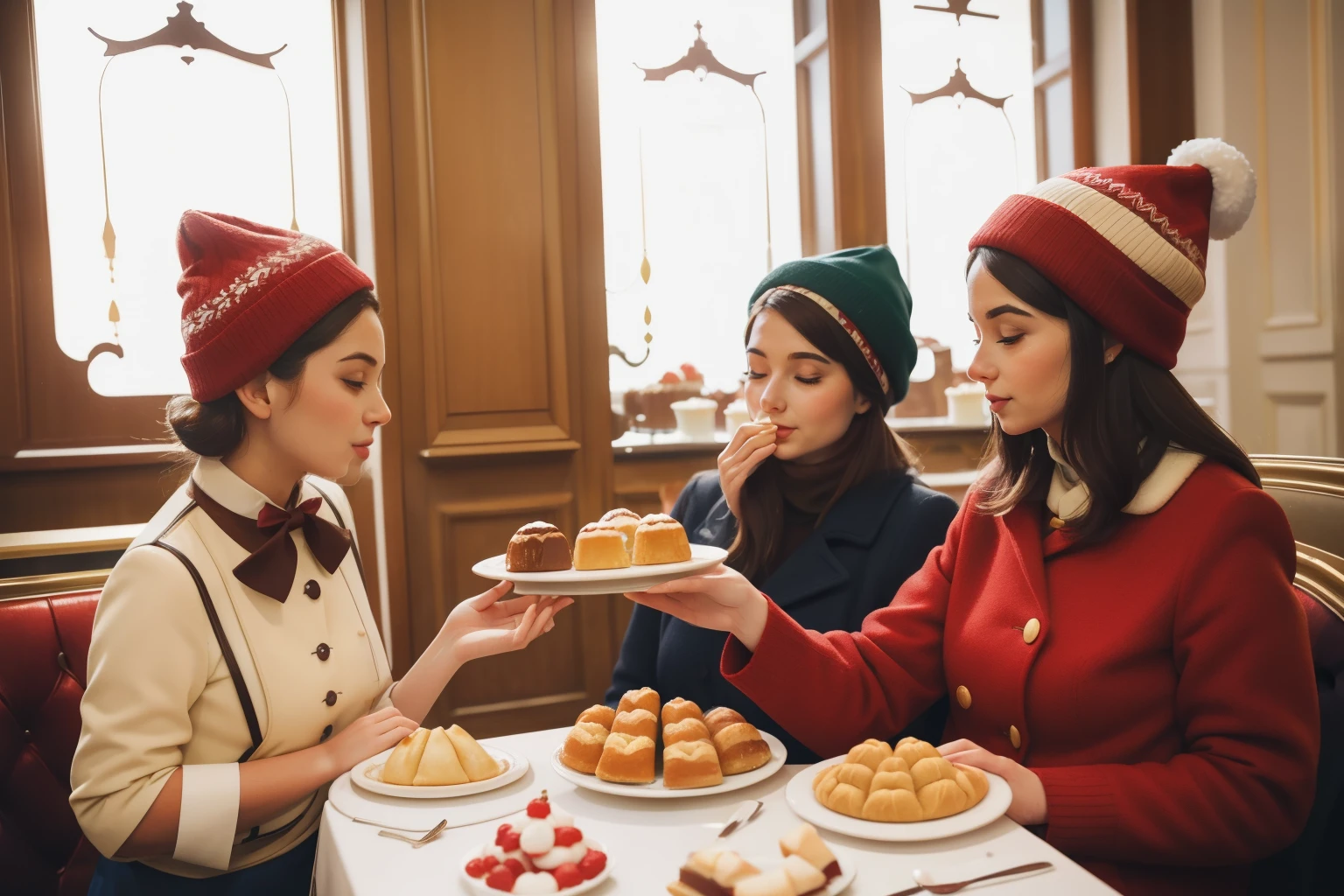 December 2023. Patisserie Sampling in Brussels, Belgium.
Description: Individuals with distinct winter hats indulge in a patisserie sampling session in Brussels. The delectable pastries, vintage dessert plates, and the diverse characters contribute to a Wes Anderson pastry exploration scene.