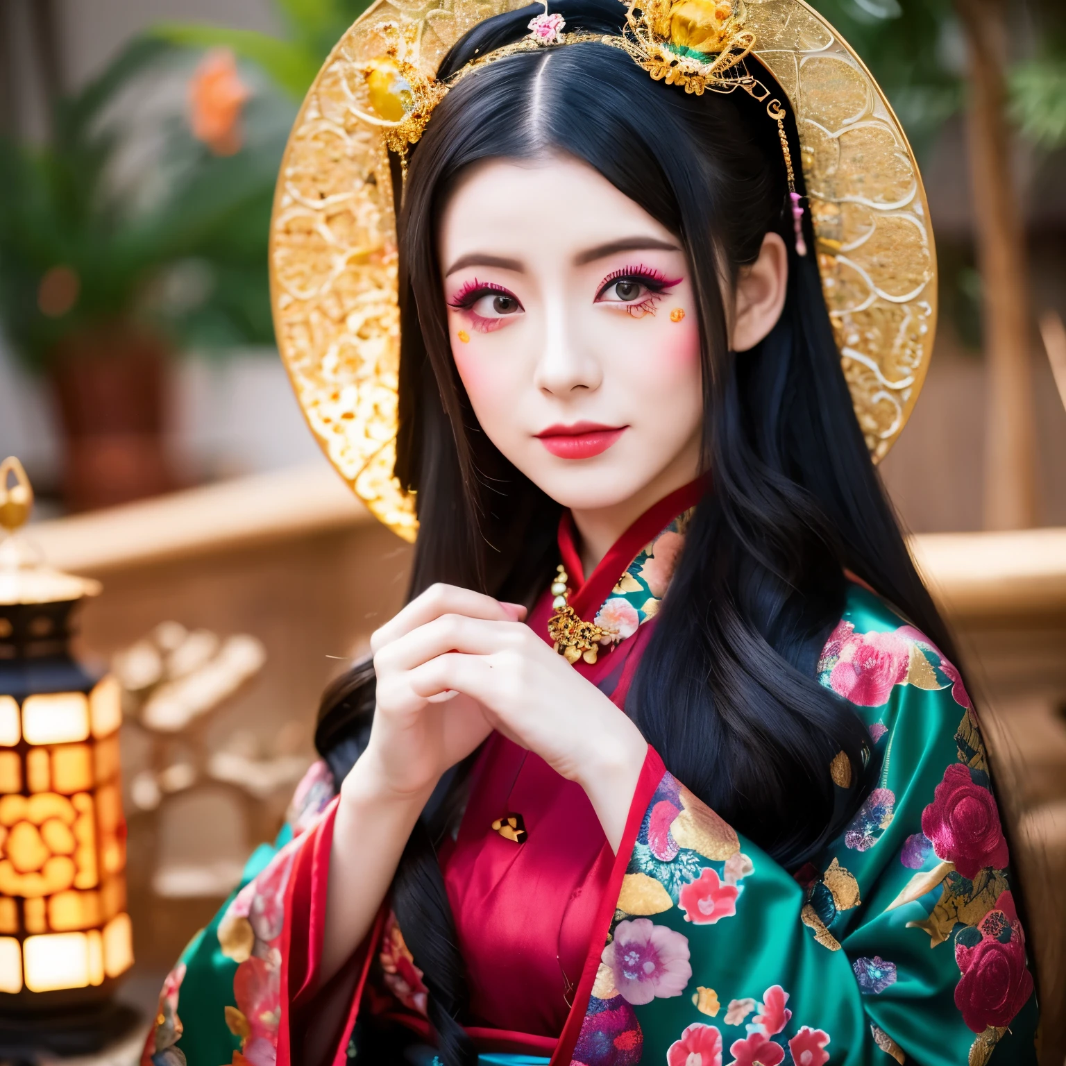 Divine and gorgeously decorated oiran,she is a very elegant and beautiful 18 year old girl. Her face is gorgeously decorated.