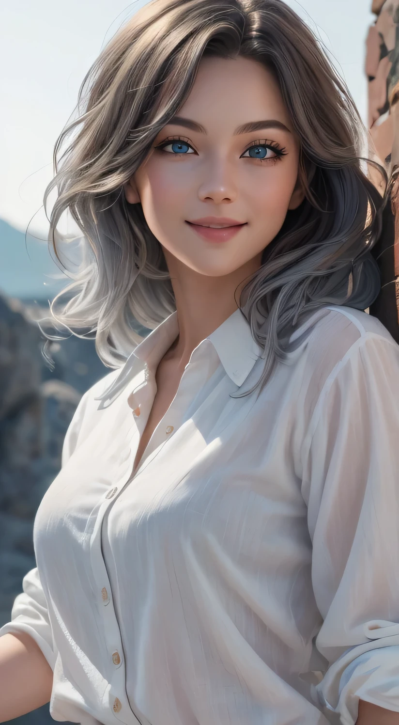 (masterpiece:1.2),(best quality), (ultra detailed), (8k, 4k, intricate),(halft body:1.2),(cowboy:1.2),(highly detailed:1.2),(detailed face:1.2), (detailed background),(portrait),detailed landscape, (dynamic pose:1.2), 1girl, solo, long messy hair, looking at viewer, (white loose shirt), smile, blue eyes, gray hair, upper body