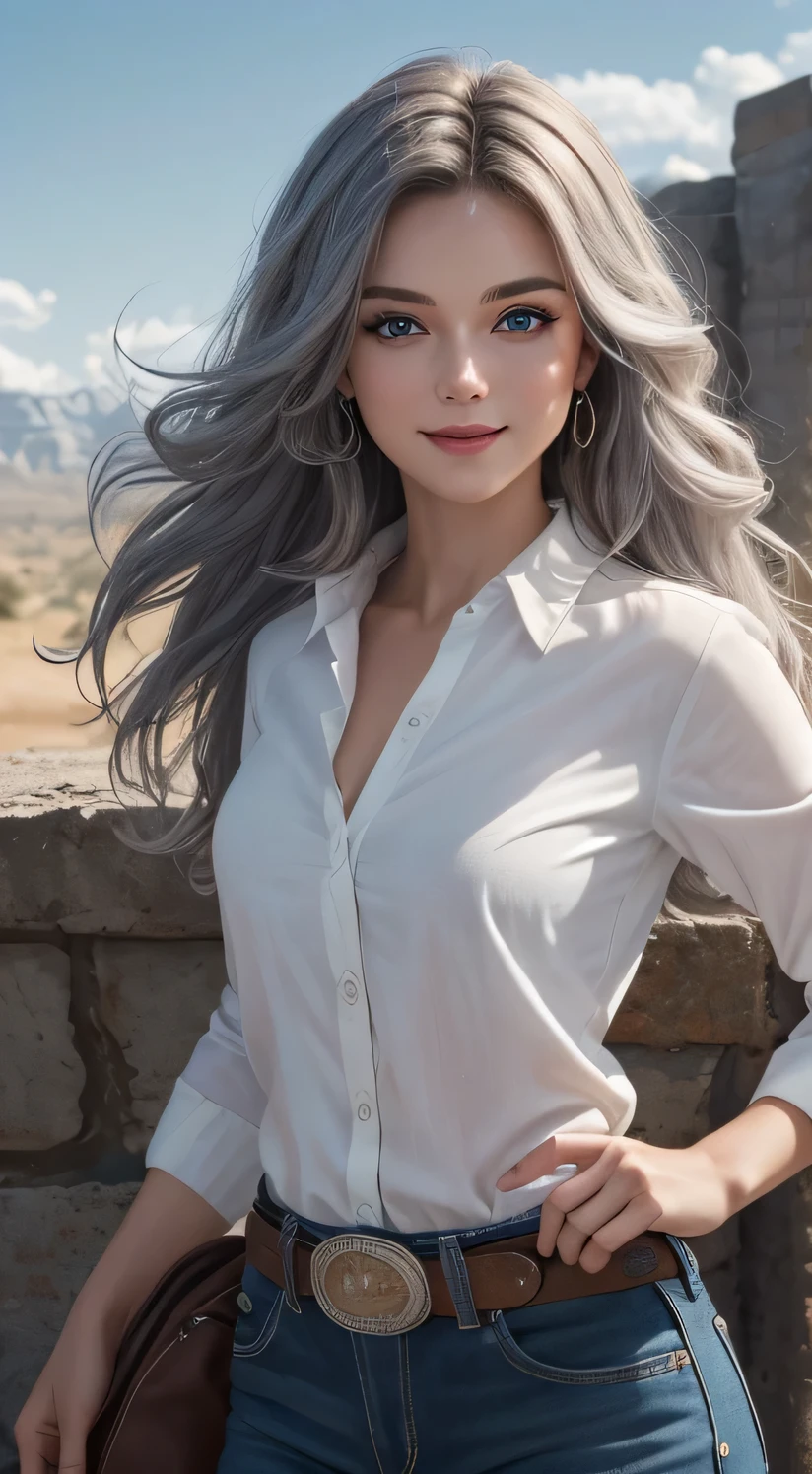 (masterpiece:1.2),(best quality), (ultra detailed), (8k, 4k, intricate),(halft body:1.2),(cowboy:1.2),(highly detailed:1.2),(detailed face:1.2), (detailed background),(portrait),detailed landscape, (dynamic pose:1.2), 1girl, solo, long messy hair, looking at viewer, (white loose shirt), smile, blue eyes, gray hair, upper body