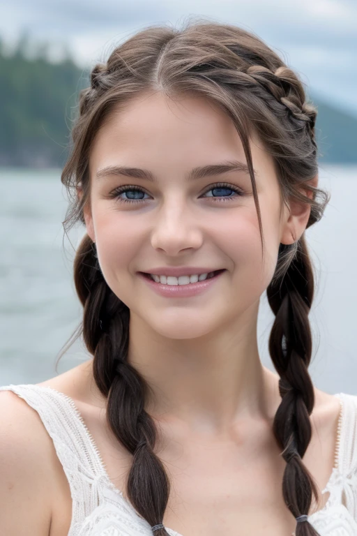 ((bestquality)), ((masterpiece)), (Detailed), perfect face,Bare breasts,baby-faced girl,small blue eyes,Celebrity nose,Little mouth, beautiful smile,Long gray braided hair,Cloudy white semen on medium sized breasts.
