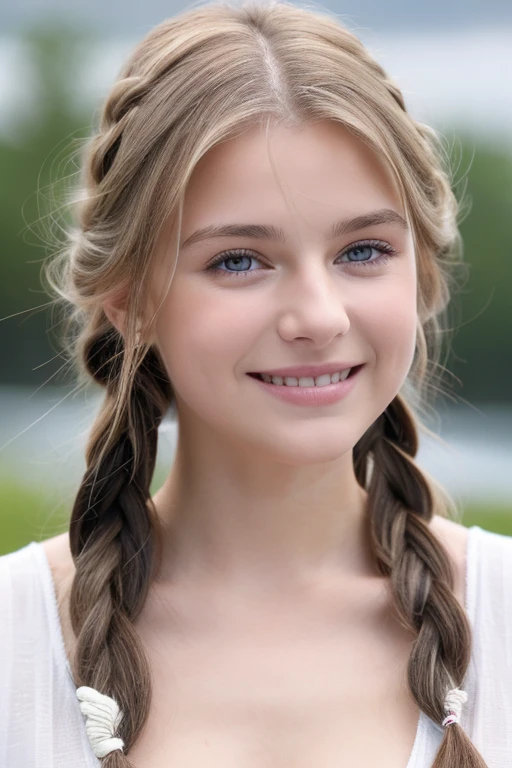 ((bestquality)), ((masterpiece)), (Detailed), perfect face,Bare breasts,baby-faced girl,small blue eyes,Celebrity nose,Little mouth, beautiful smile,Long gray braided hair,Cloudy white semen on medium sized breasts.