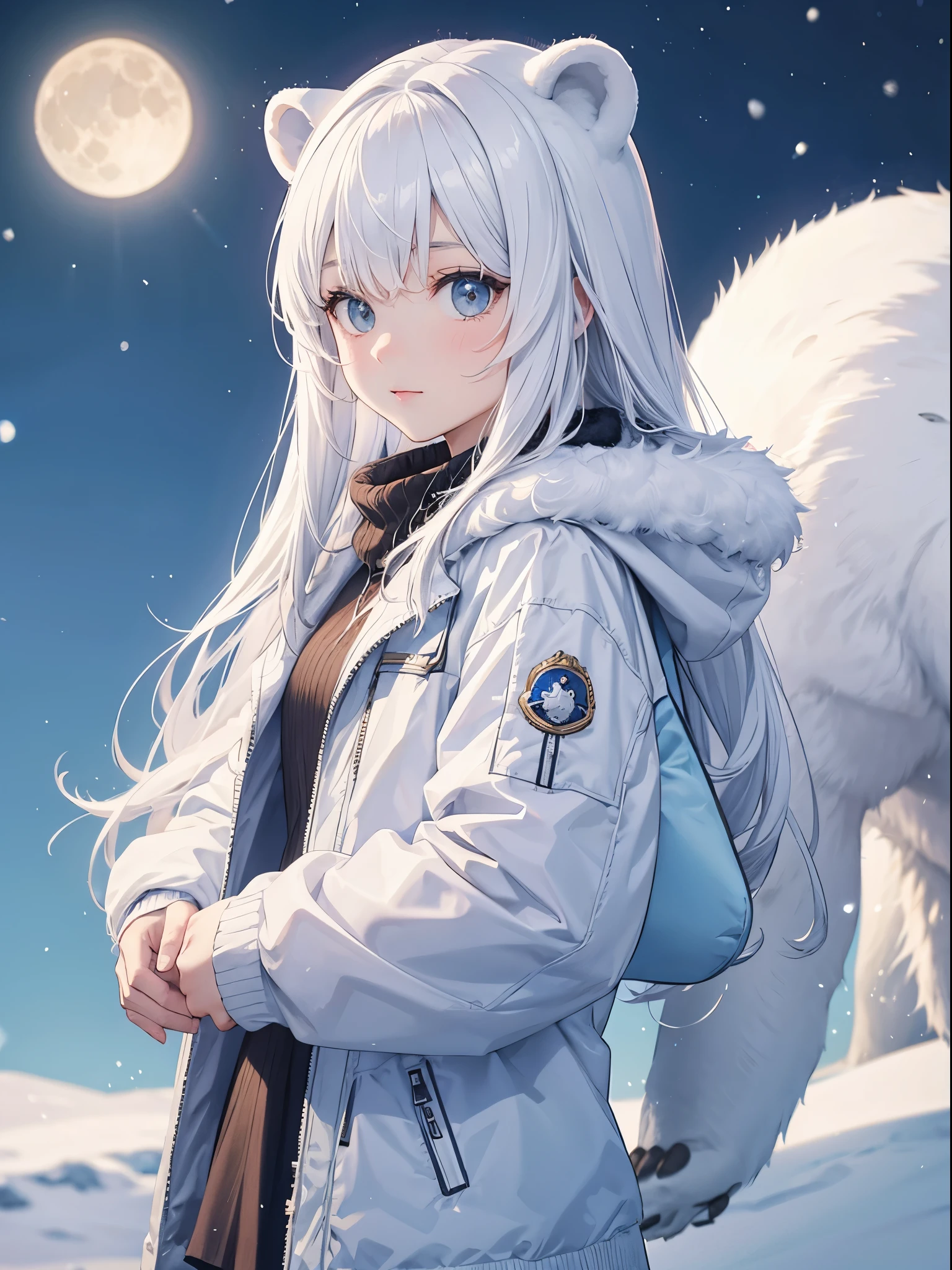 Polar bear girl, white jacket, fur, bear ears, moon, snow