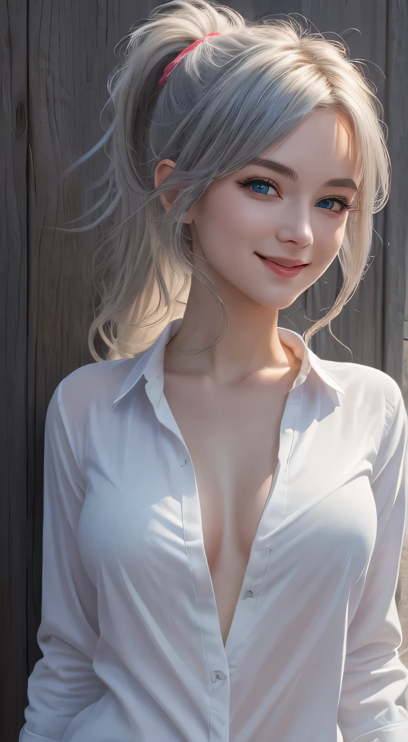 (masterpiece:1.2),(best quality), (ultra detailed), (8k, 4k, intricate),(halft body:1.2),(highly detailed:1.2),(detailed face:1.2), (detailed background), (portrait),detailed landscape, (dynamic pose:1.2), 1girl, solo, long pony tail hair, looking at viewer, (white loose shirt), smile, blue eyes, gray hair, upper body