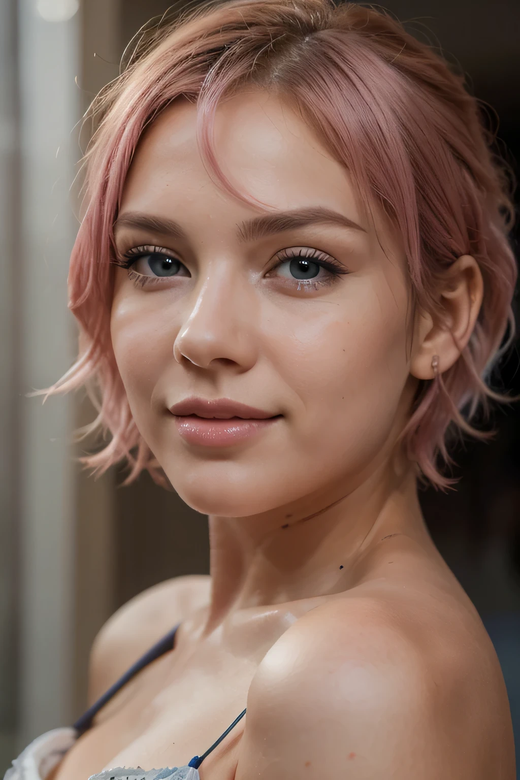 (selfie, Plan; 1.4) raw uhd portrait mode of a 23 year old pink hair pastel colored soft lights, (8k, RAW photo, best quality, masterpiece:1.2), (realistic:1.hotorealistic:1.3), bright eyes with ultra level of details staring into the camera, (high detailed skin:1.2), 8k uhd, dslr, high quality, film grain, Fujifilm XT3, best quality, beautiful lighting, portrait, a bit of skin imperfection, hyper realistic face, full lips, Italian, full eyebrows