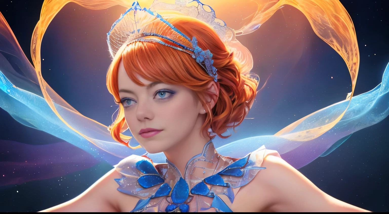 1 girl "Emma Stone com vestido vinholongo", （Jogo King Card:1.5, simetria rotacional),Stephen Gammell,(cowboy shot), Minimalist compositions, requintada armadura de cristal，Fio Eletroluminescente, faiscas magicas, enchanted magical fantasy. Peach Blossom Land, heaven, Jogo CG, Hand Painted Style, 8k, Ultra HD, arte digital conceitual, Azure azul e cinza,(Very detailed, Reasonable design, linhas claras, alta nitidez, melhor qualidade, master part, 4k ).