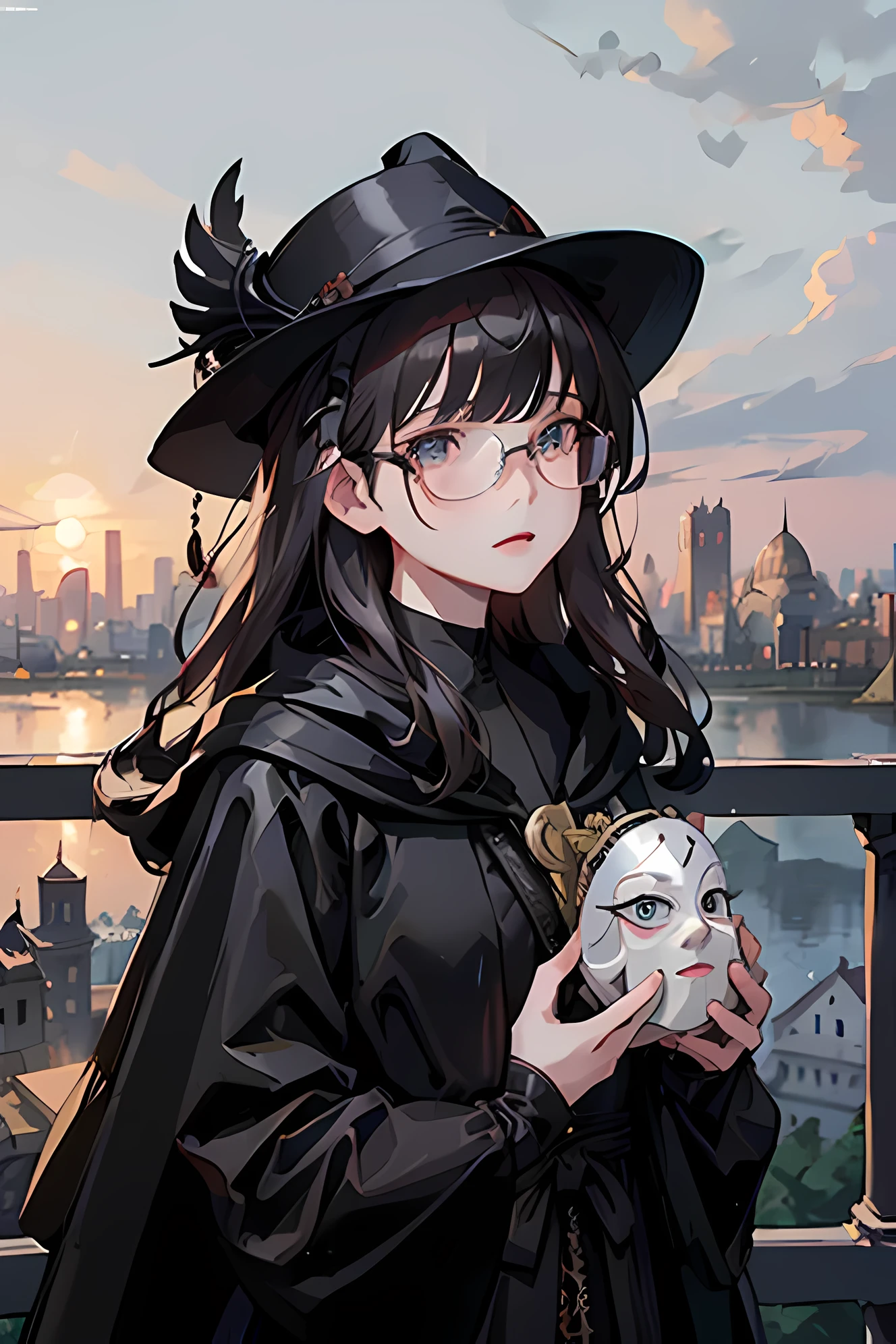 (masterpiece, best illustration,) medieval, girl, beak mask, black robe, city background, doctor, masked, one person, clear, fine motor, wearing hat with brim, glasses, can't see eyes, hands parked crow
