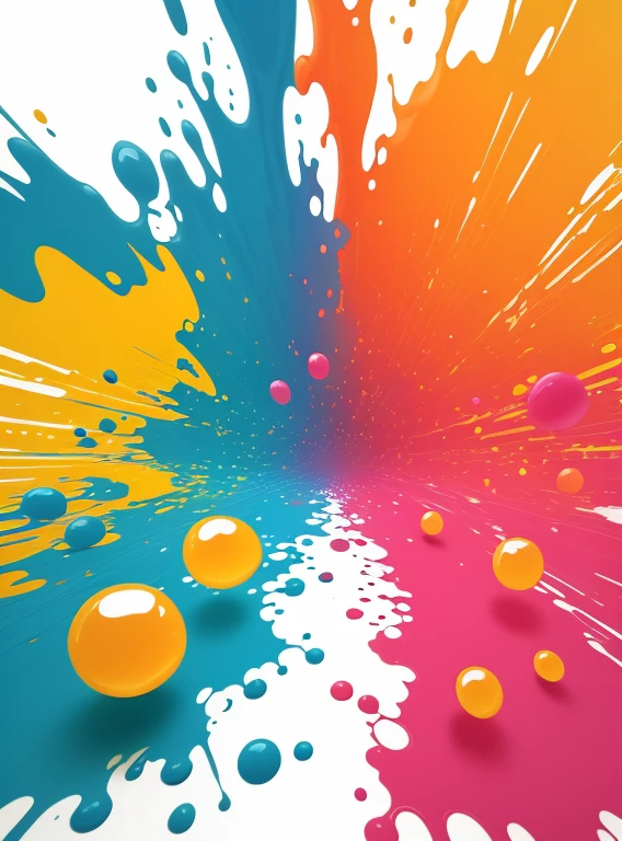 Create a vibrant and humorous wallpaper cartoon style poster with colorful paint splashs and colorful bubbles with a white background, use bright colors